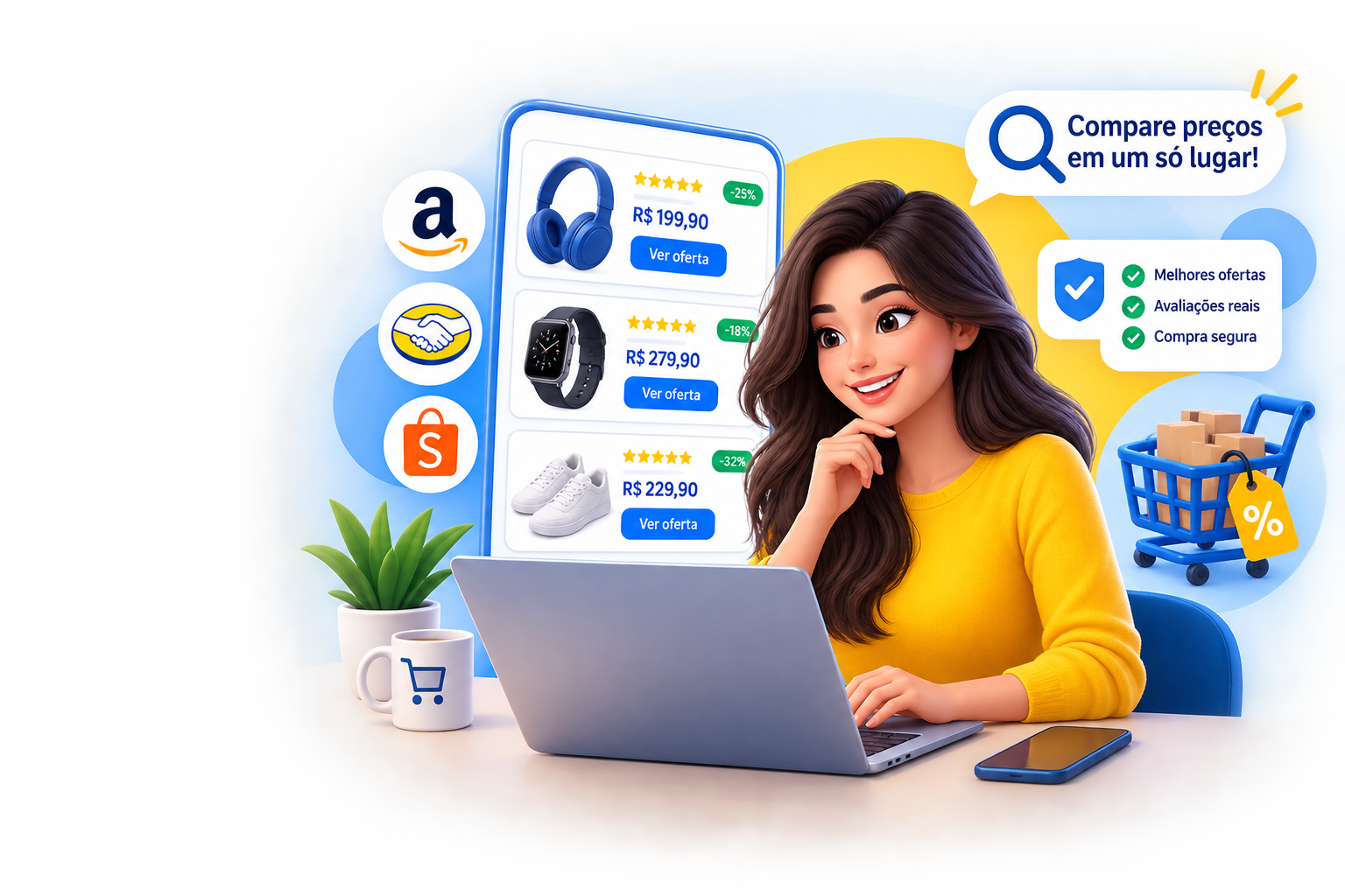 Mulher comparando produtos e preços online antes de comprar