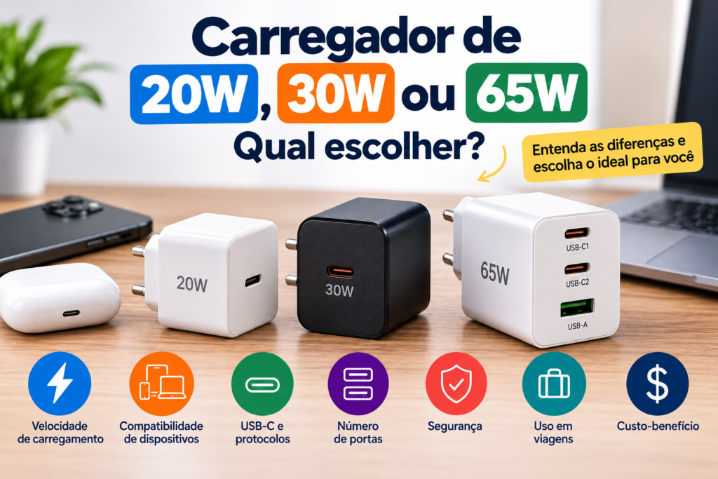 Carregador de 20W, 30W ou 65W qual escolher