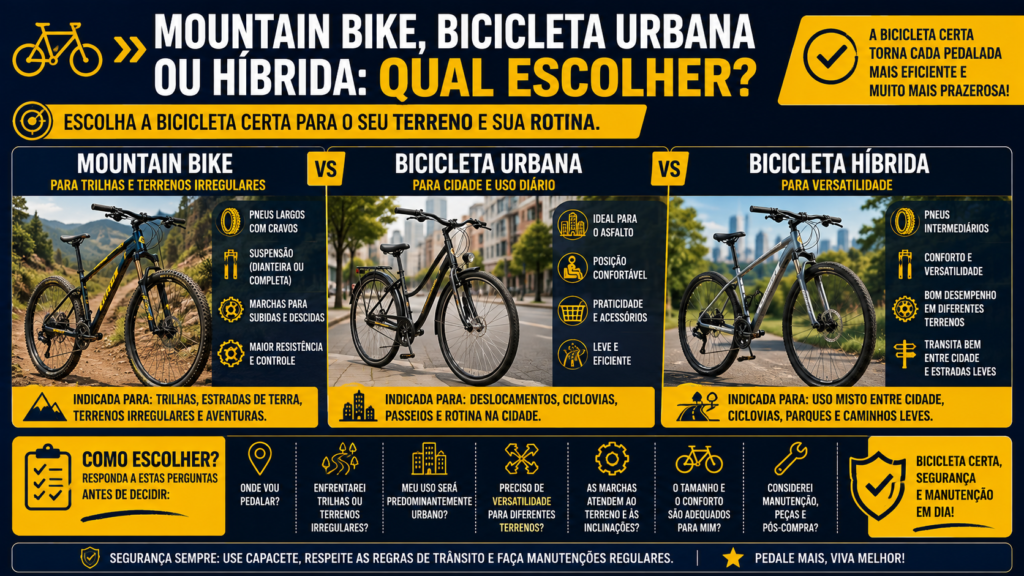 Mountain bike, bicicleta urbana ou híbrida qual escolher