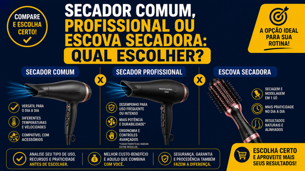 Secador comum, profissional ou escova secadora qual escolher
